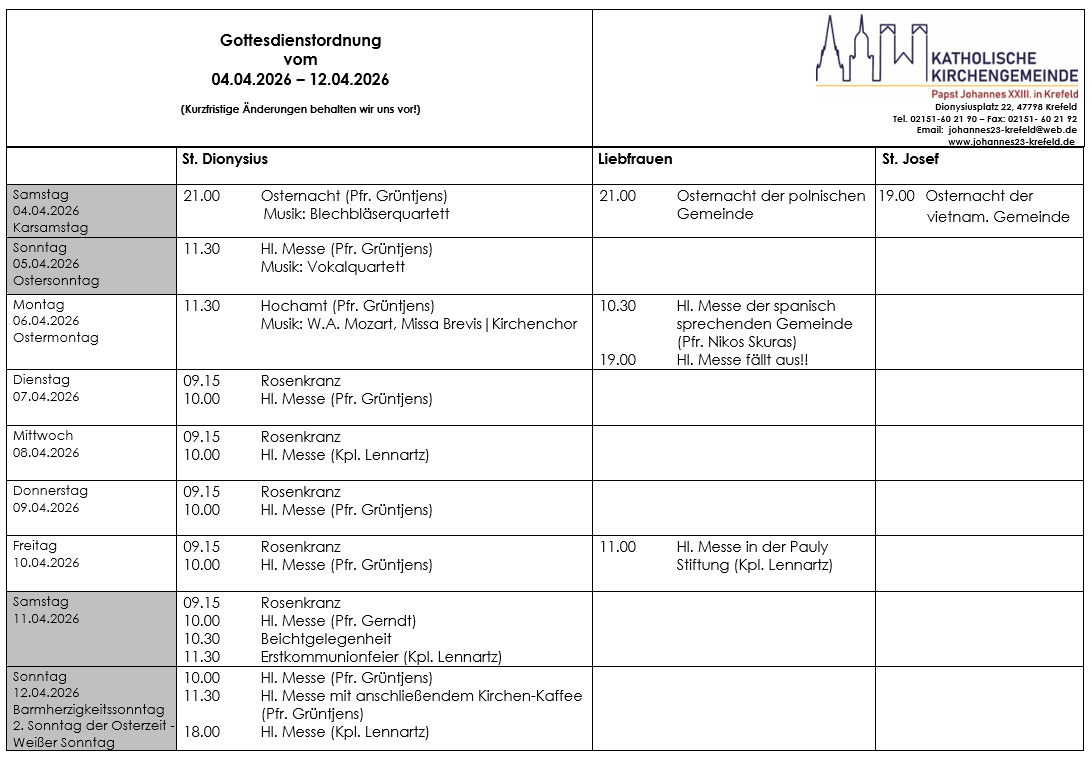Tabellarischer Plan der Gottesdienste (c) P.N.