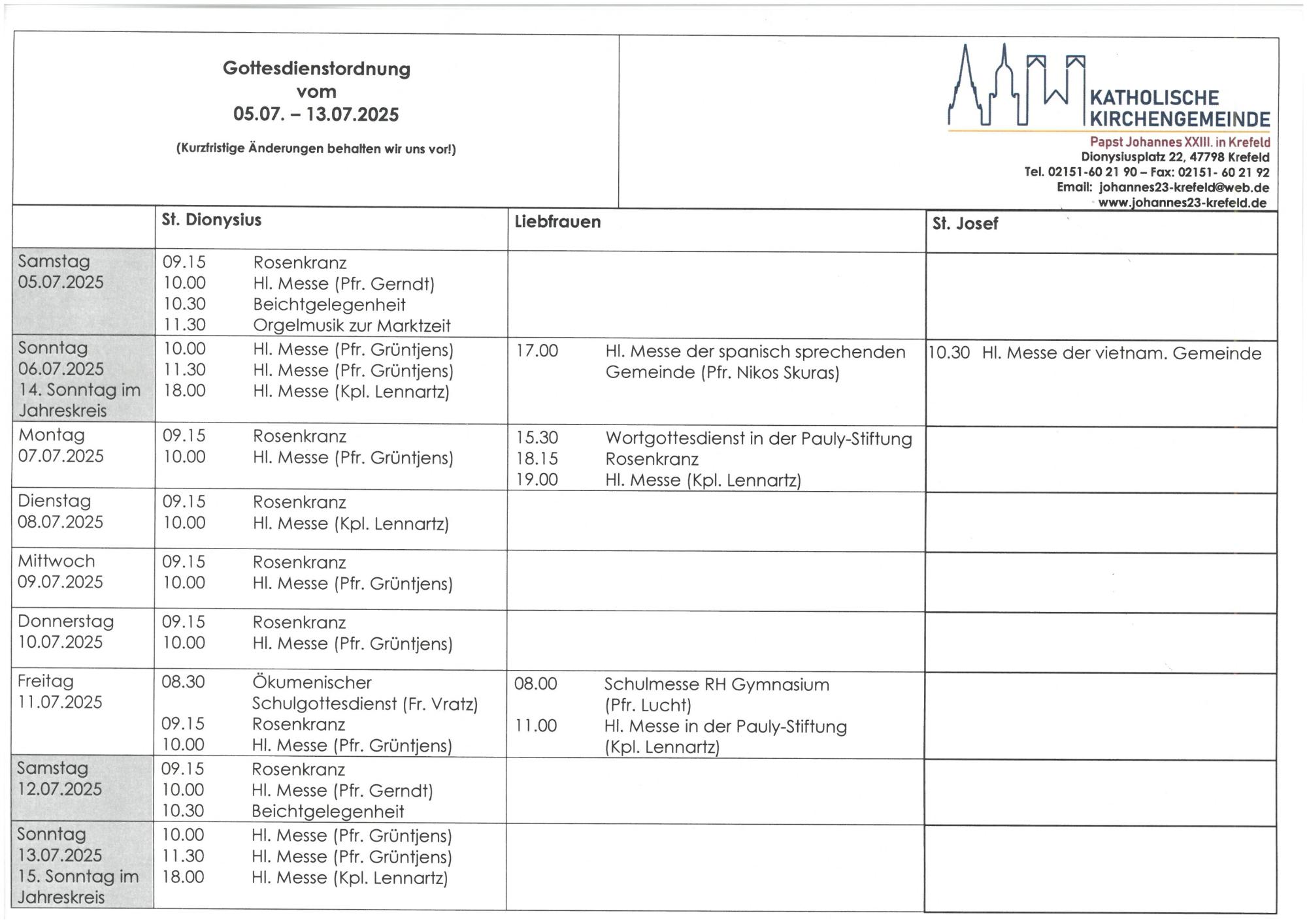 Tabellarischer Plan der Gottesdienste