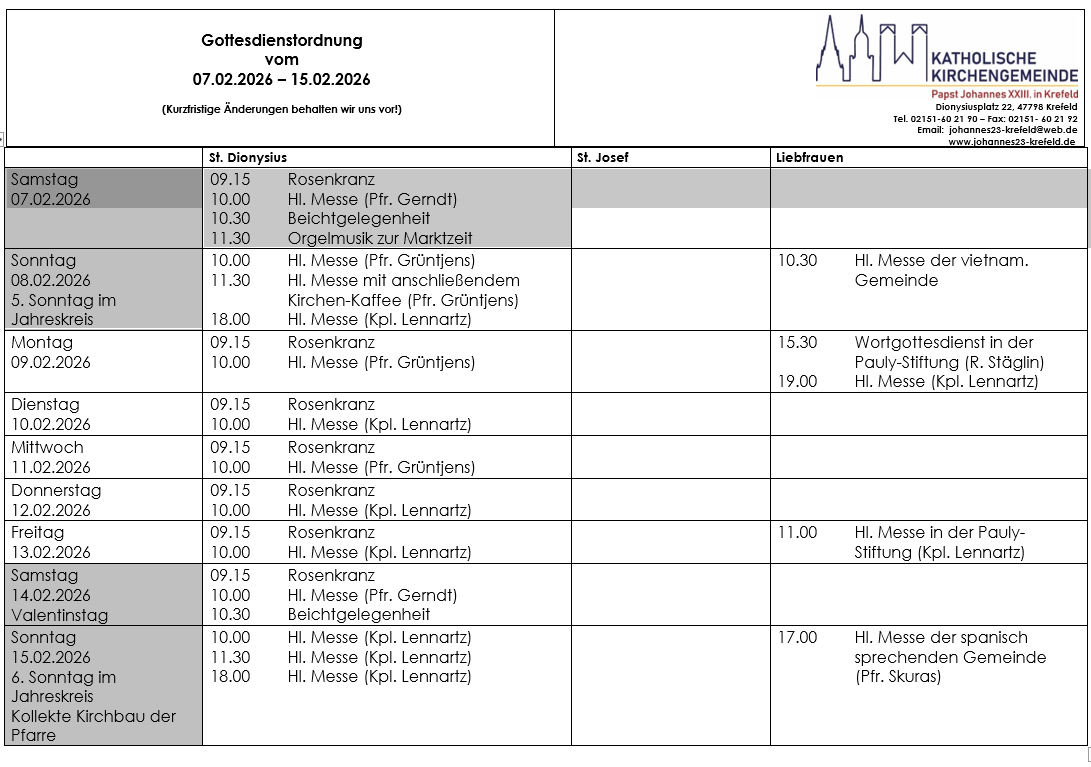 Tabellarischer Plan der Gottesdienste (c) KVH