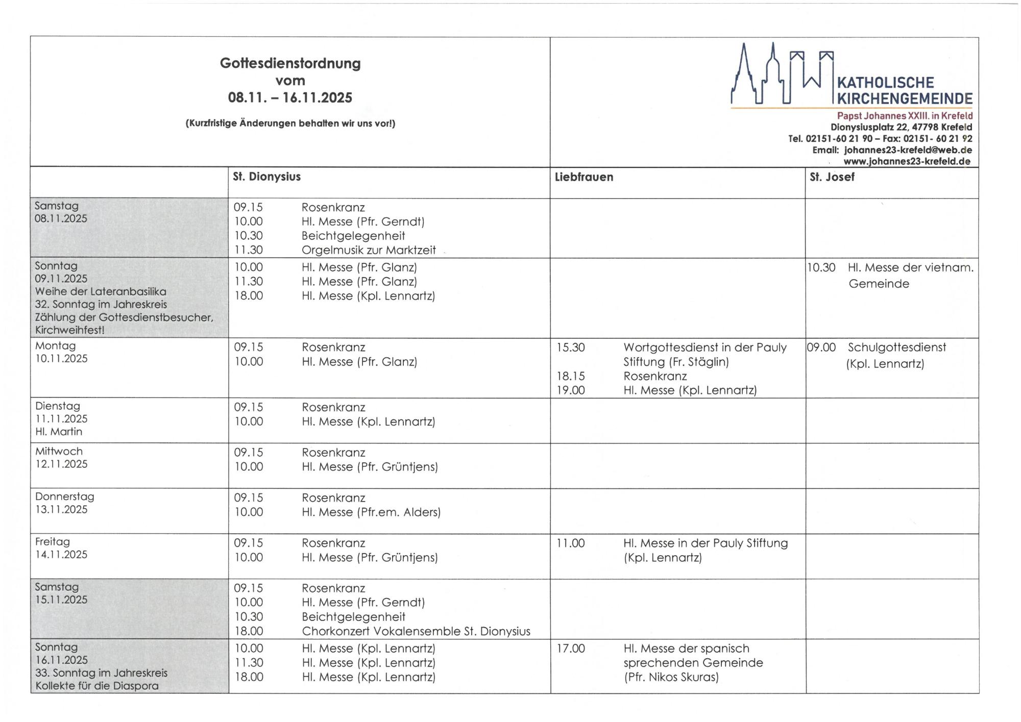 Tabellarischer Plan der Gottesdienste