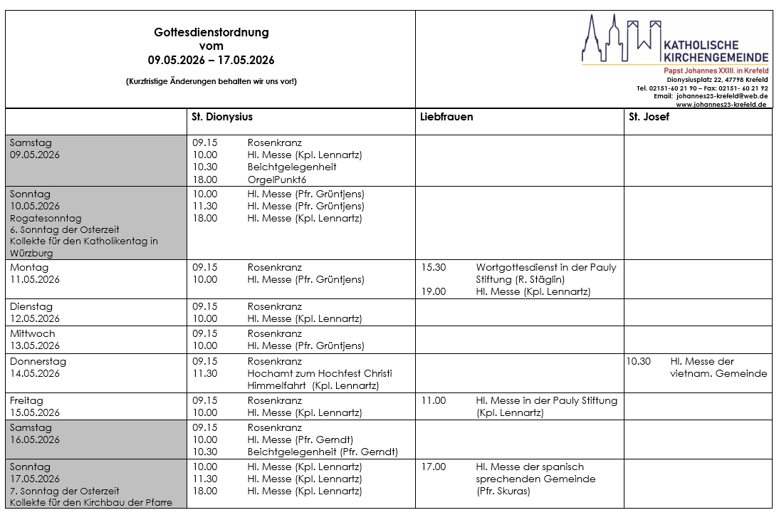 Tabellarischer Plan der Gottesdienste (c) P.N.