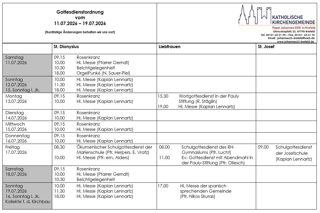 Tabellarischer Plan der Gottesdienste (c) P.N.