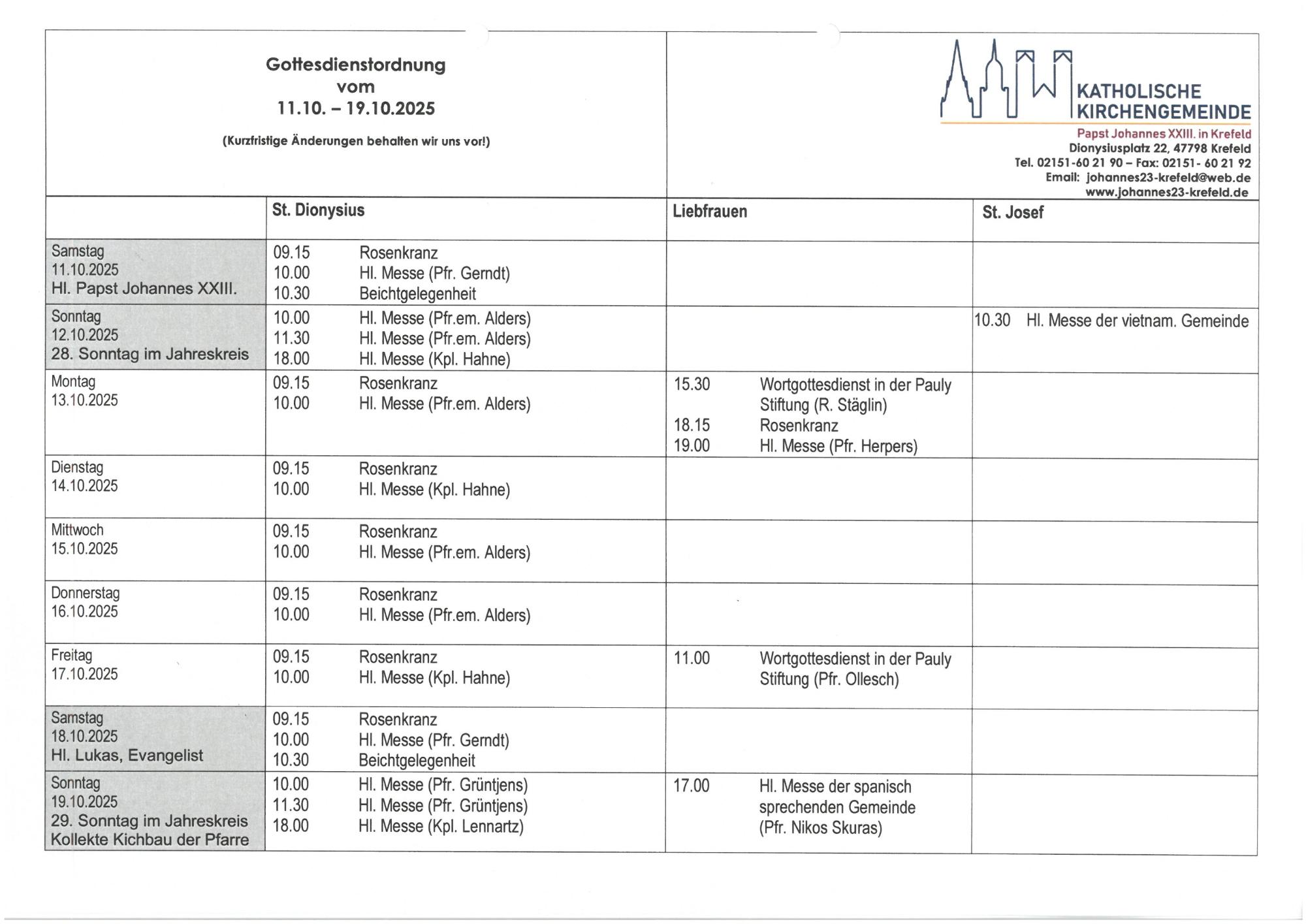 Tabellarischer Plan der Gottesdienste