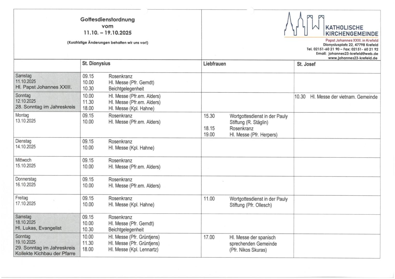 Tabellarischer Plan der Gottesdienste (c) kvh