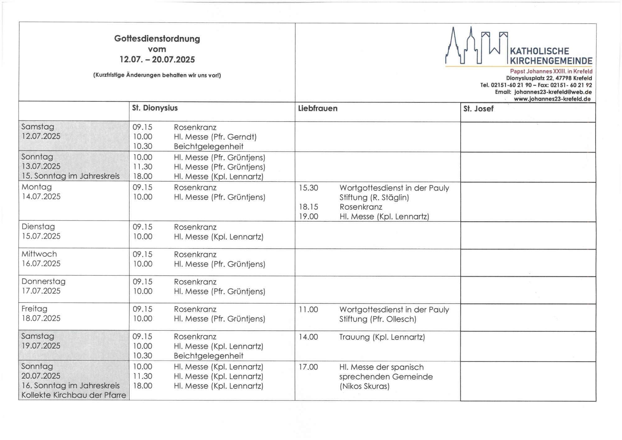 Tabellarischer Plan der Gottesdienste