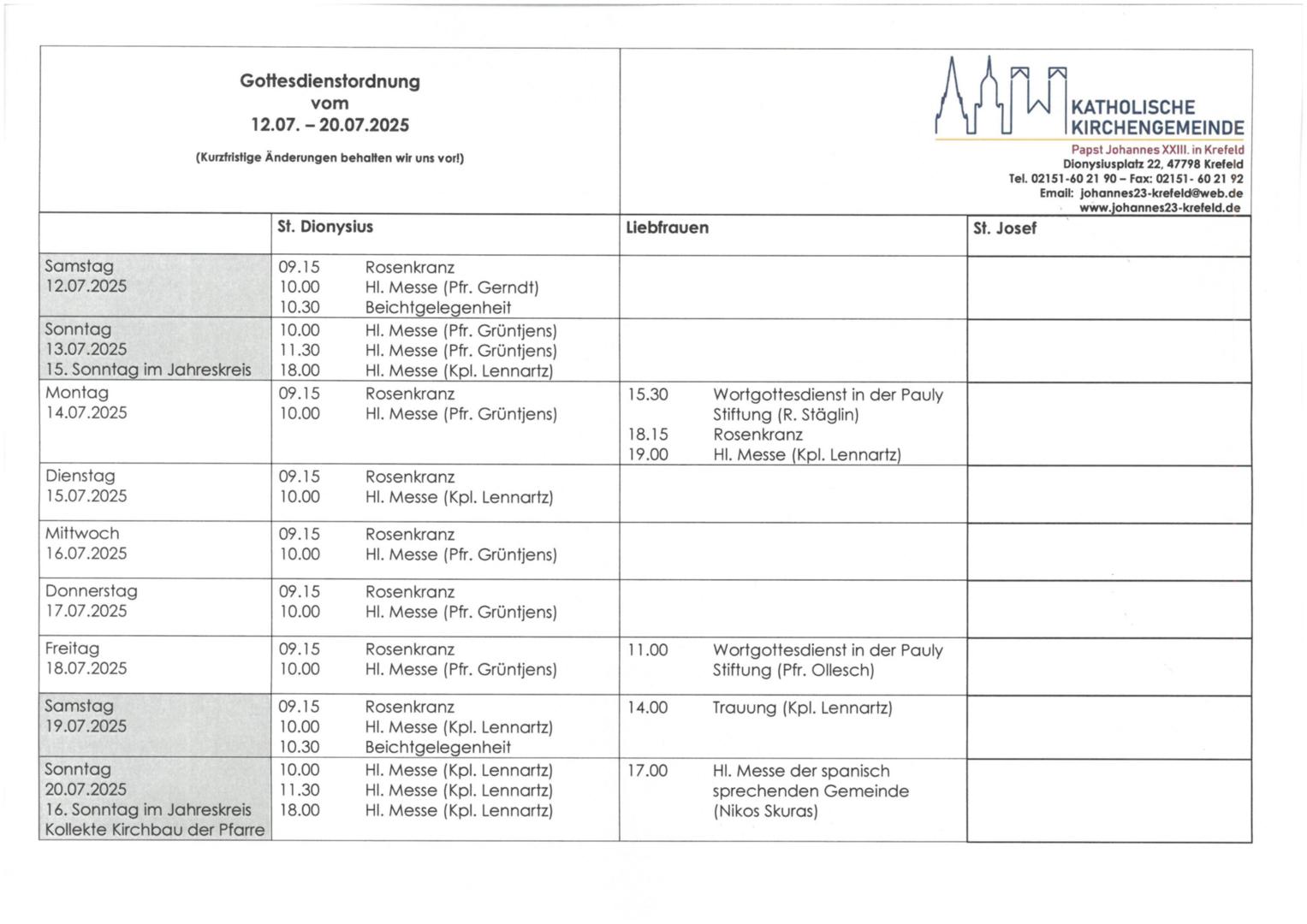 Tabellarischer Plan der Gottesdienste (c) P.N.