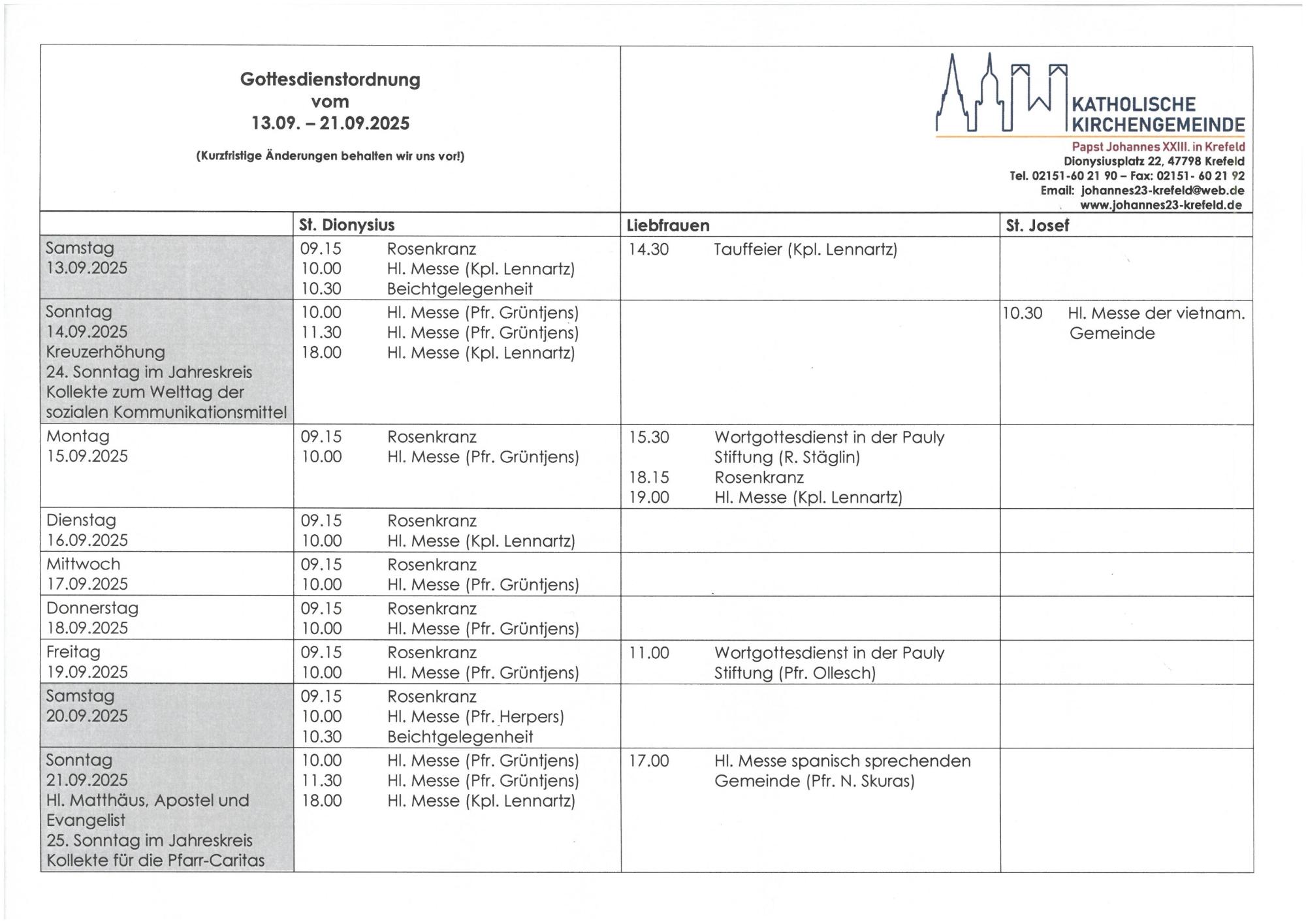 Tabellarischer Plan der Gottesdienste