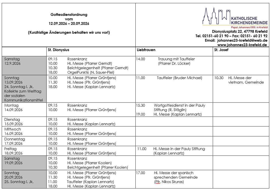 Tabellarischer Plan der Gottesdienste (c) P.N.