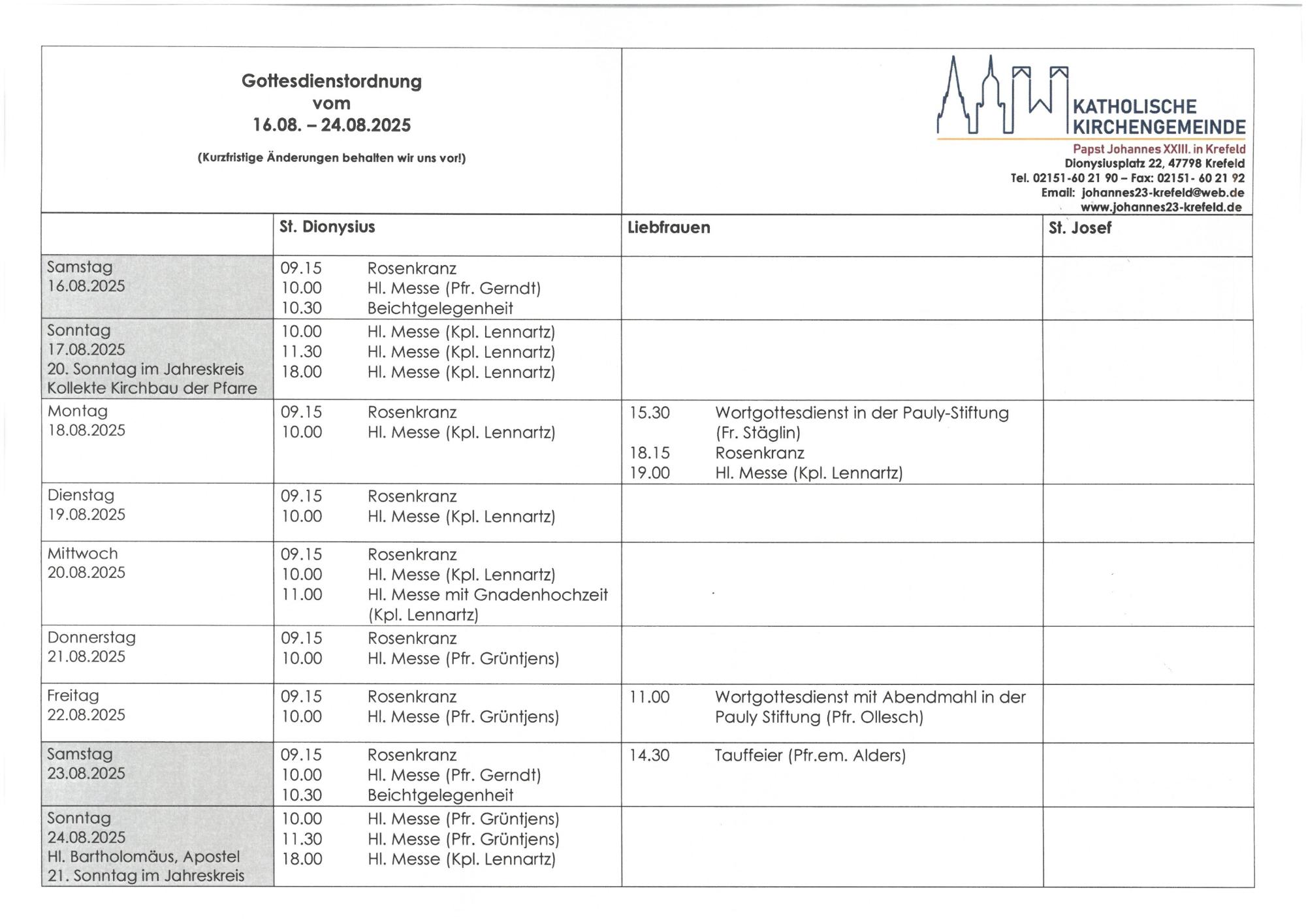 Tabellarischer Plan der Gottesdienste