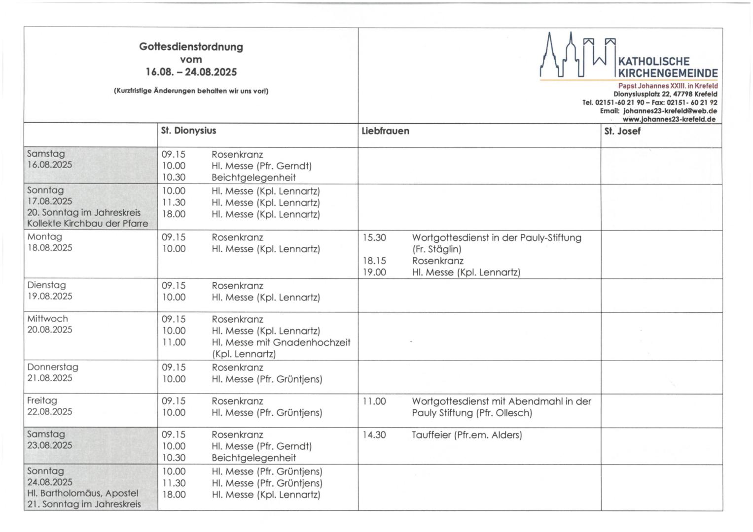 Tabellarischer Plan der Gottesdienste (c) P.N.