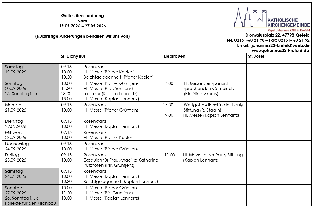Tabellarischer Plan der Gottesdienste (c) P.N.