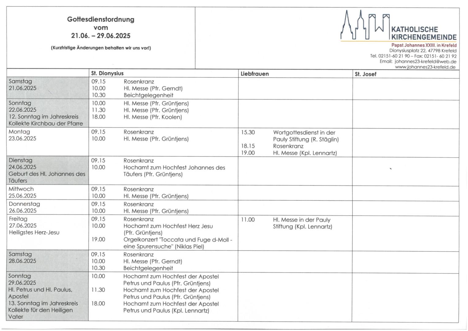 Tabellarischer Plan der Gottesdienste (c) Pn