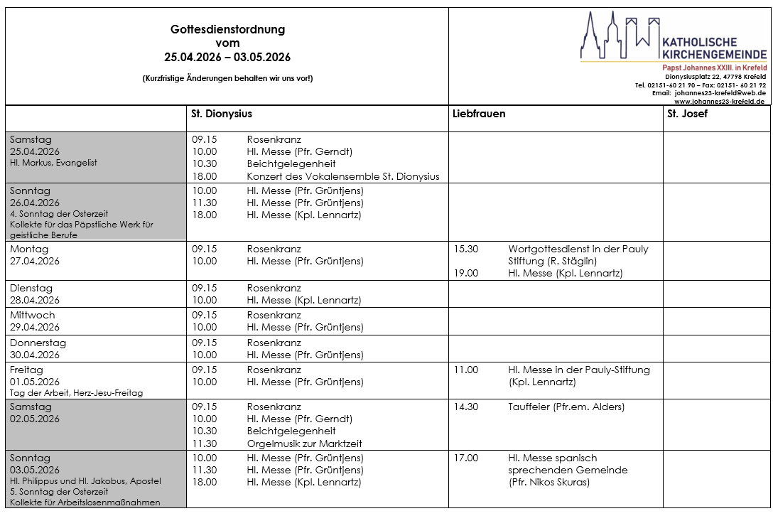 Tabellarischer Plan der Gottesdienste (c) P.N.