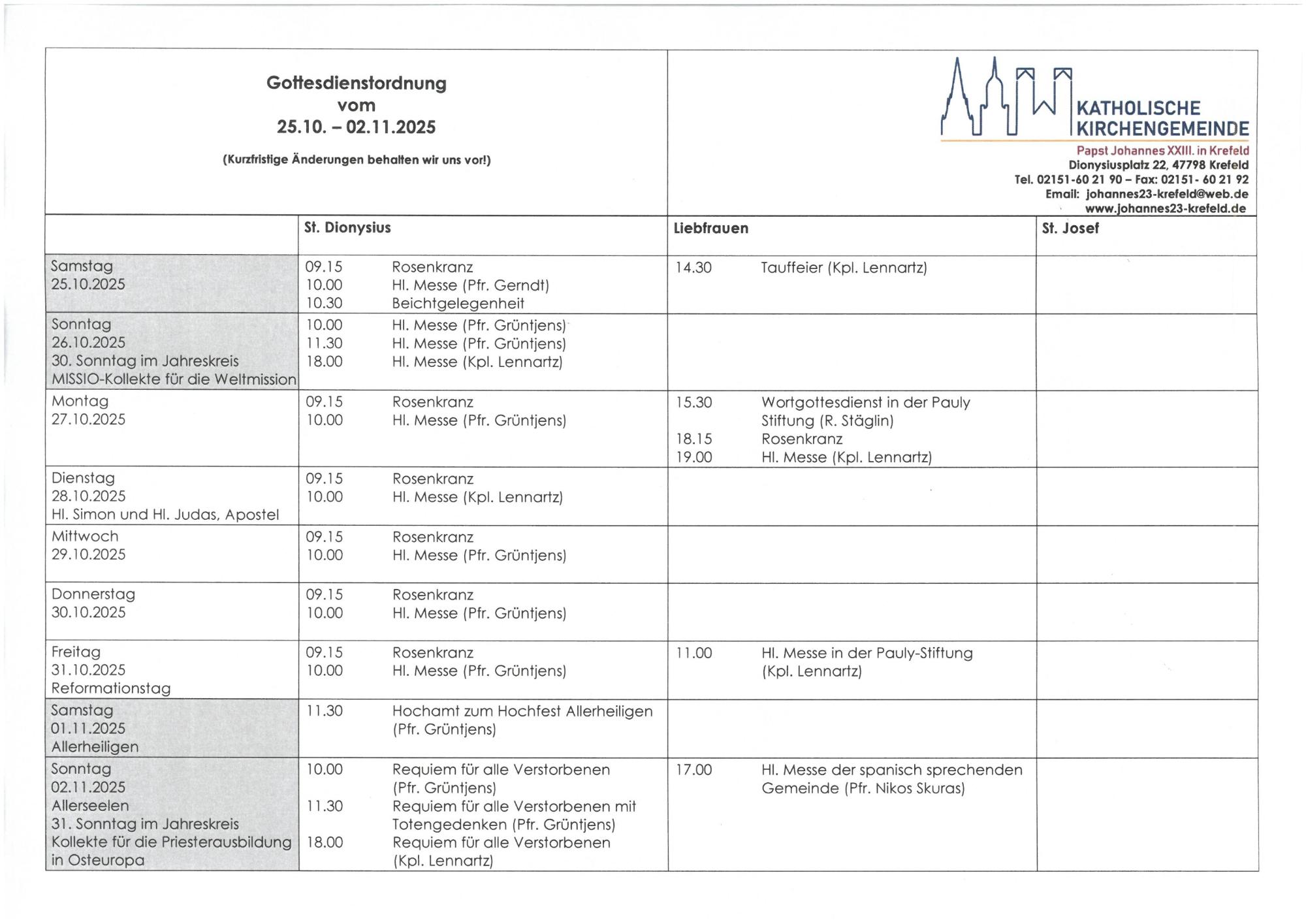 Tabellarischer Plan der Gottesdienste