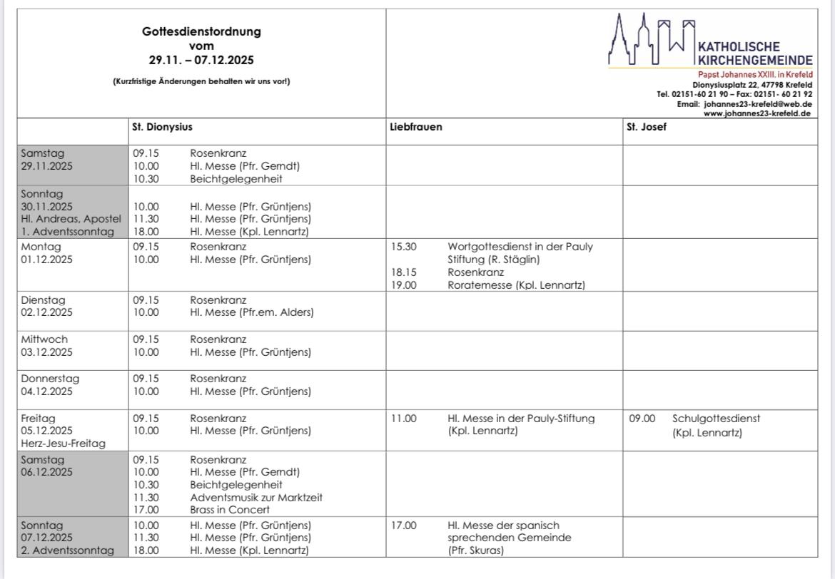Tabellarischer Plan der Gottesdienste