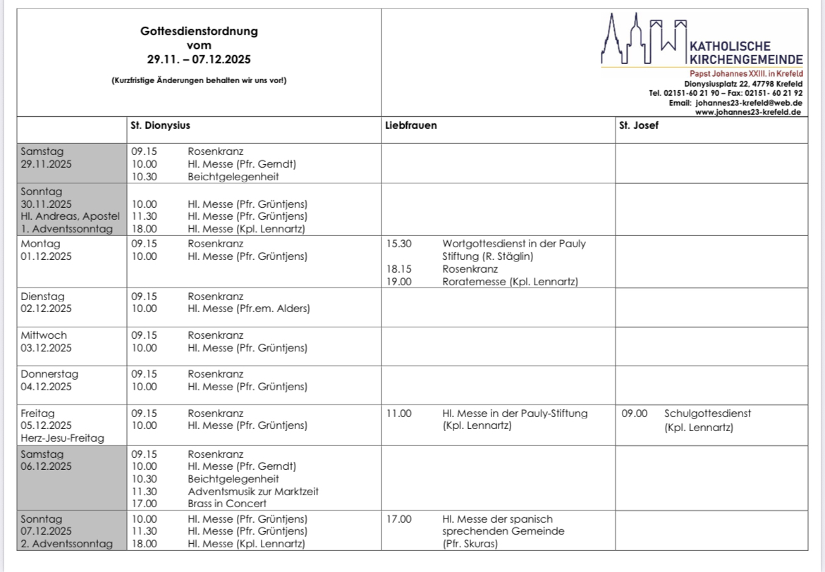 Tabellarischer Plan der Gottesdienste (c) kvh