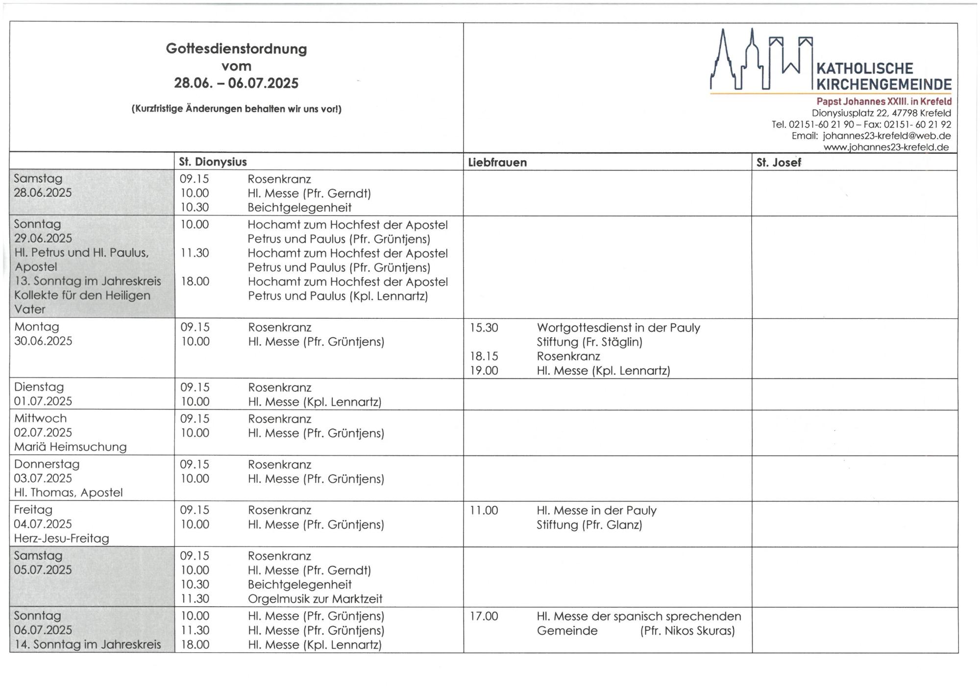 Tabellarischer Plan der Gottesdienste