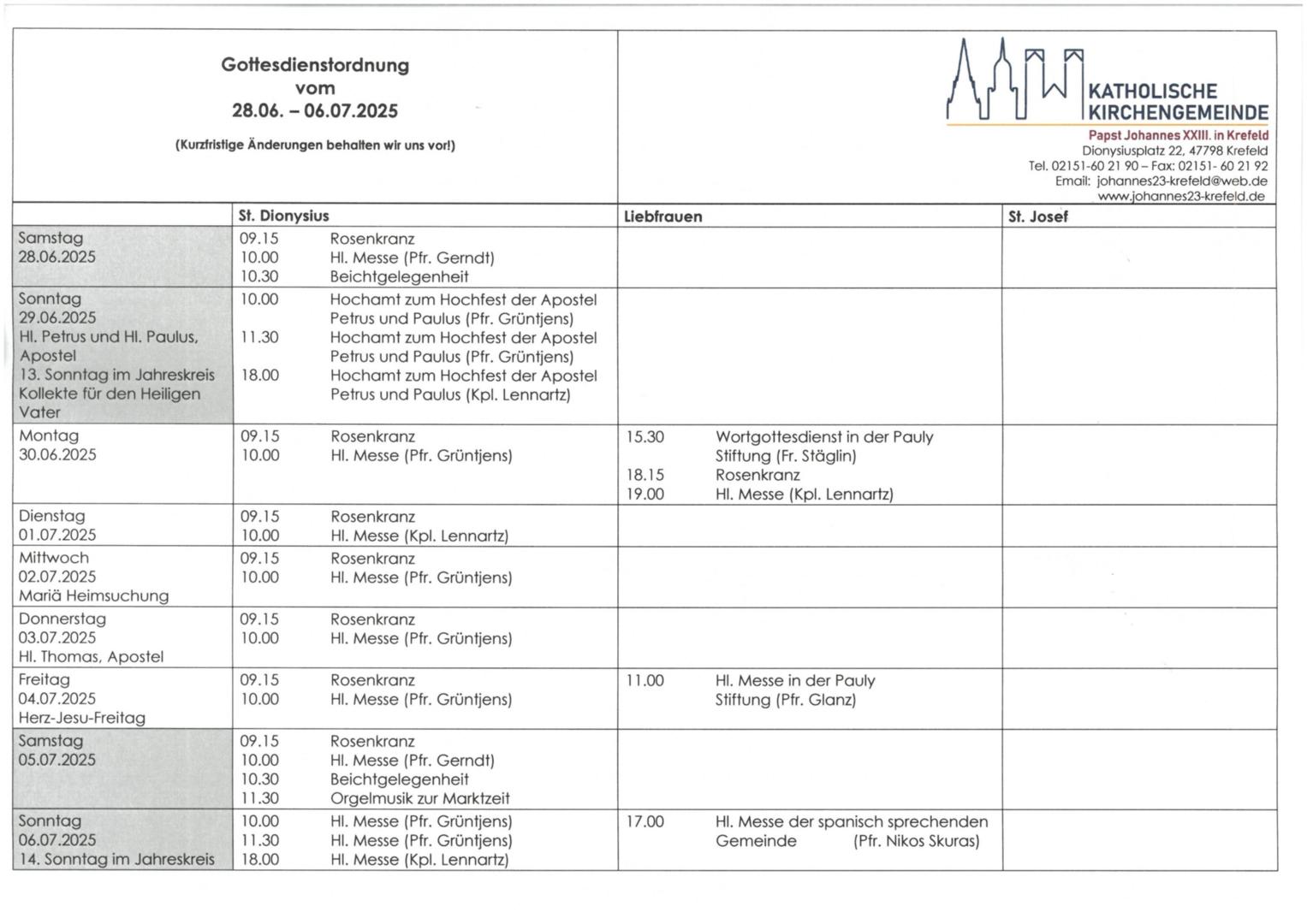 Tabellarischer Plan der Gottesdienste (c) P.N.
