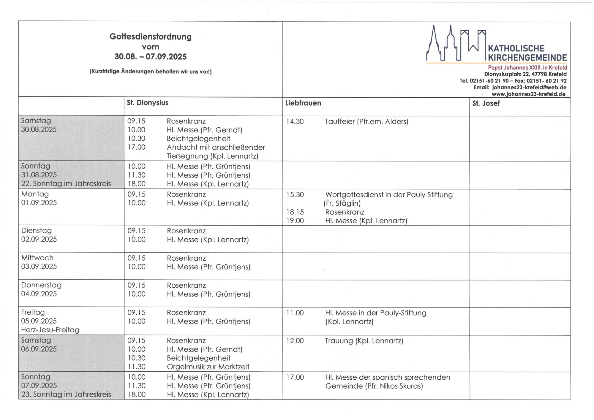 Tabellarischer Plan der Gottesdienste