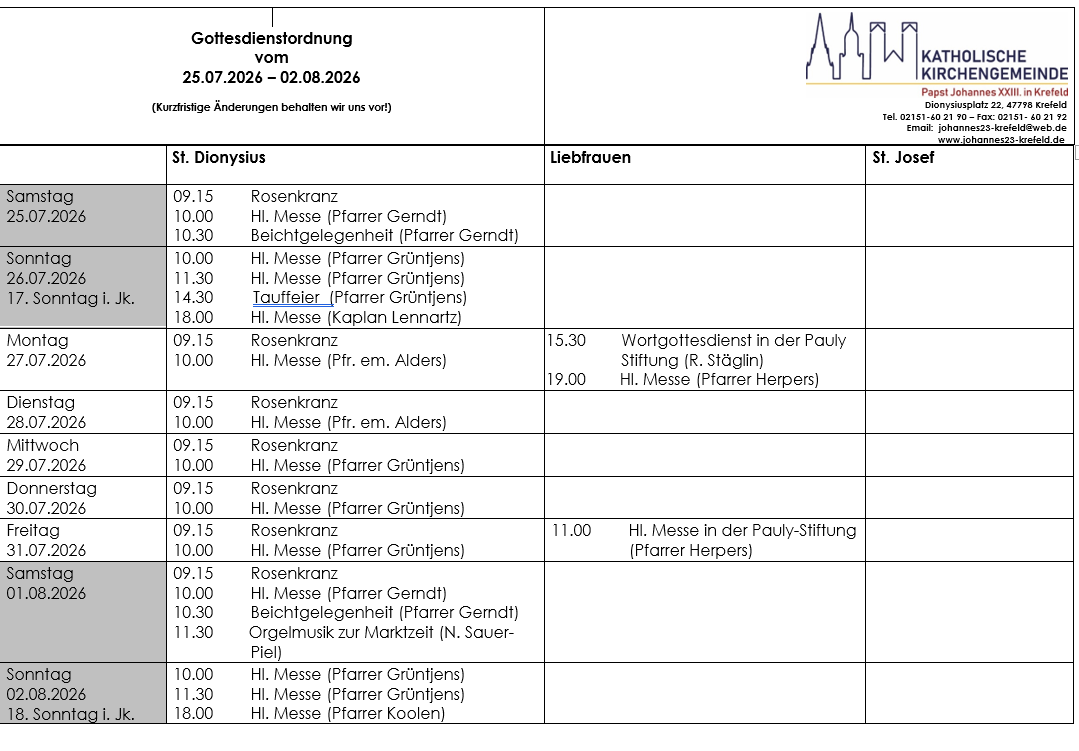 Tabellarischer Plan der Gottesdienste (c) PN
