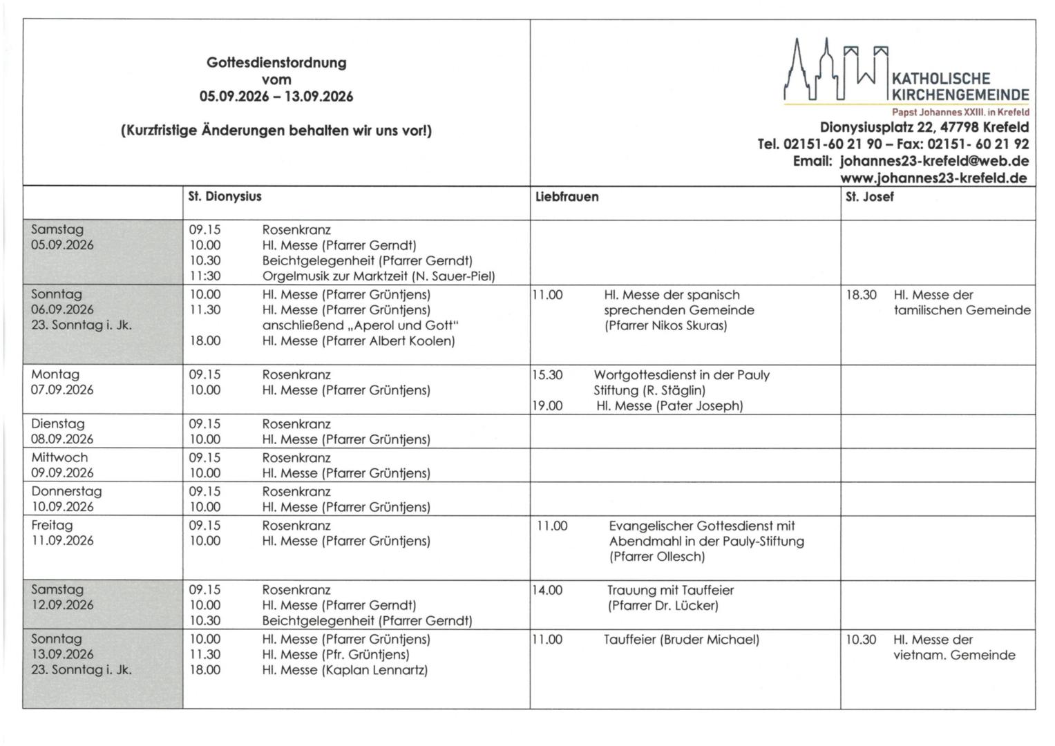 Tabellarischer Plan der Gottesdienste (c) pn