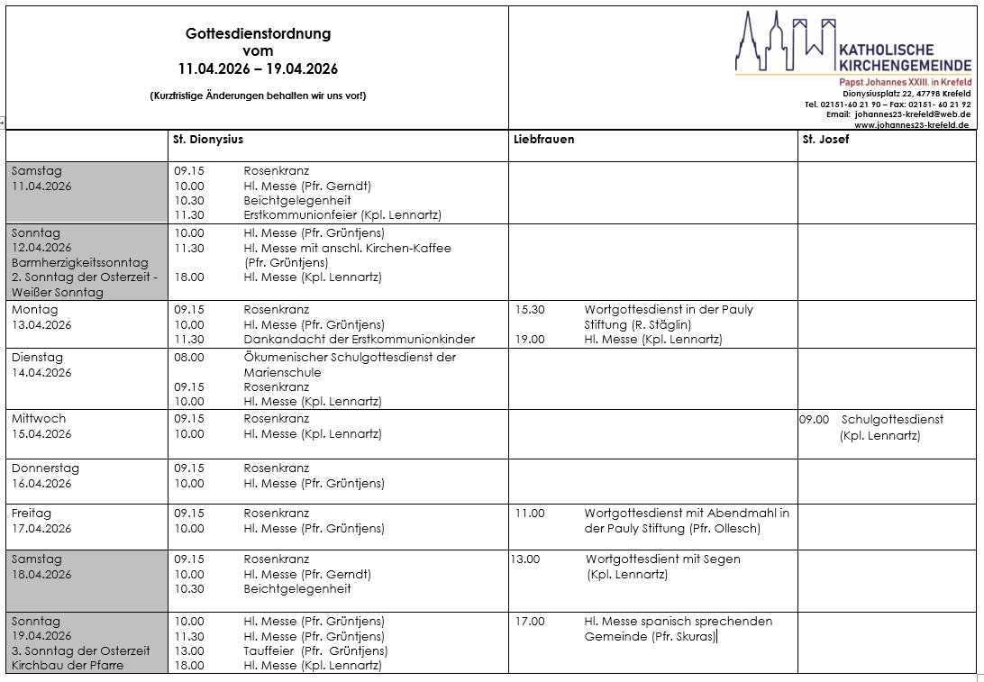 Tabellarischer Plan der Gottesdienste (c) P.N.