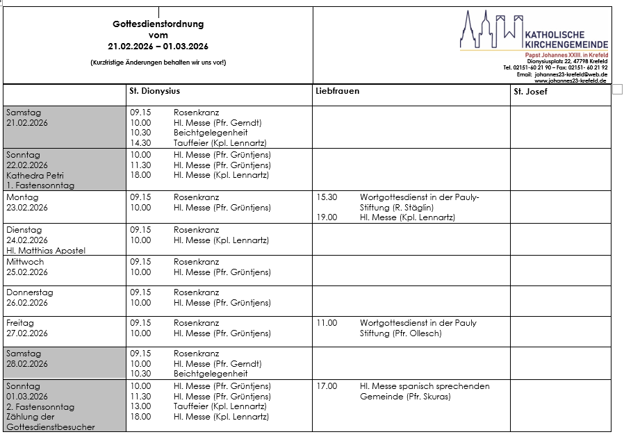 Tabellarischer Plan der Gottesdienste (c) PN